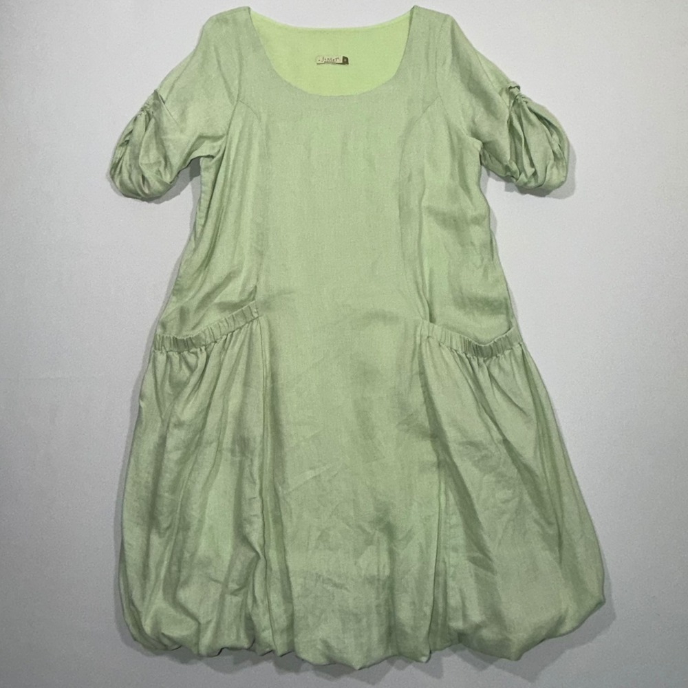 Chalet Linen Dress Womens Small Green Bubble Hem Ruched Sleeve Pockets Lagenlook